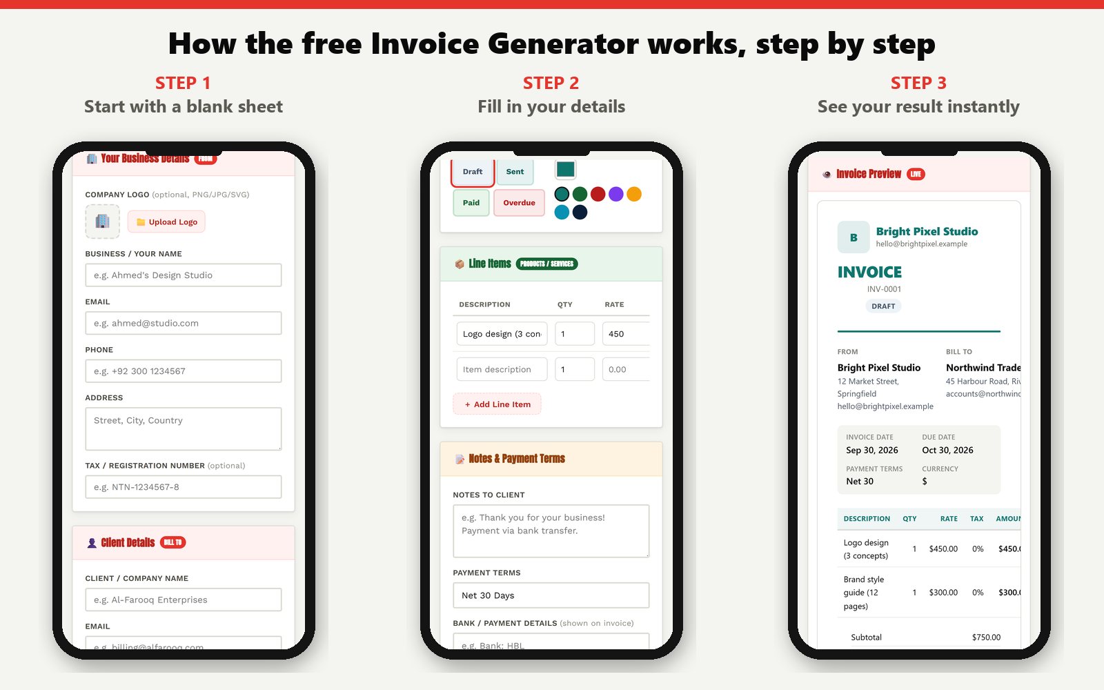 The free Invoice Generator on a phone in three steps: a blank sheet, the details filled in, and the finished result